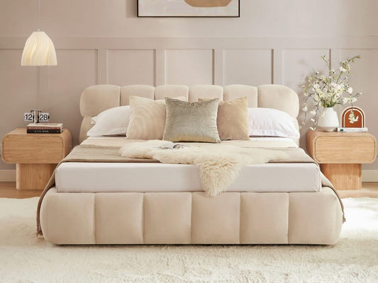 Soft cloud-style upholstered bed frame in a calm Lifely bedroom