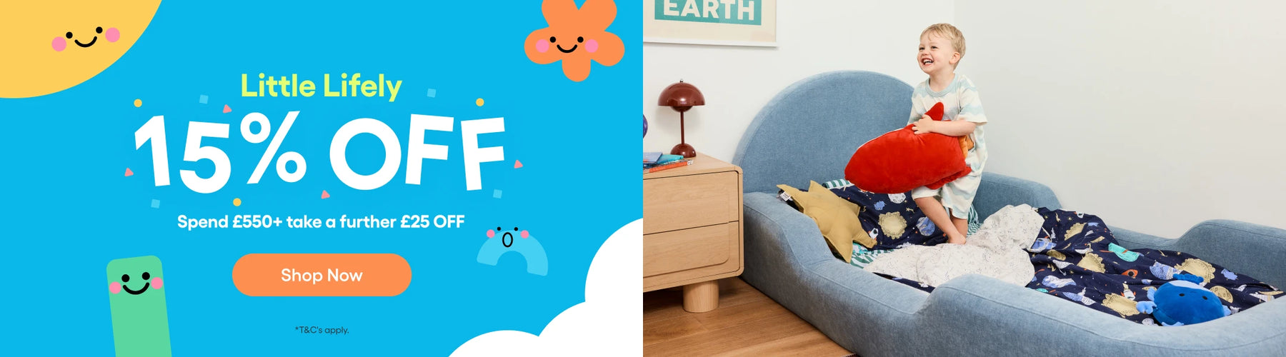 Promotional banner with 'Little Lifely' discount offer on the left, and a child playing on a couch with colorful pillows on the right.