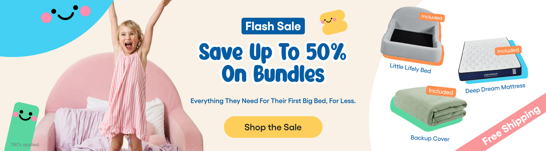 Promotional banner for a baby bedding bundle, featuring a young girl in a pink dress jumping in a pink bassinet on the left, and three bedding products on the right: a Little Lilly Baby Bed, a Deep Dream Mattress, and a Rocking Crib Cover. The banner includes text for a 'Flash Sale' and a 'Shop the Sale' button.