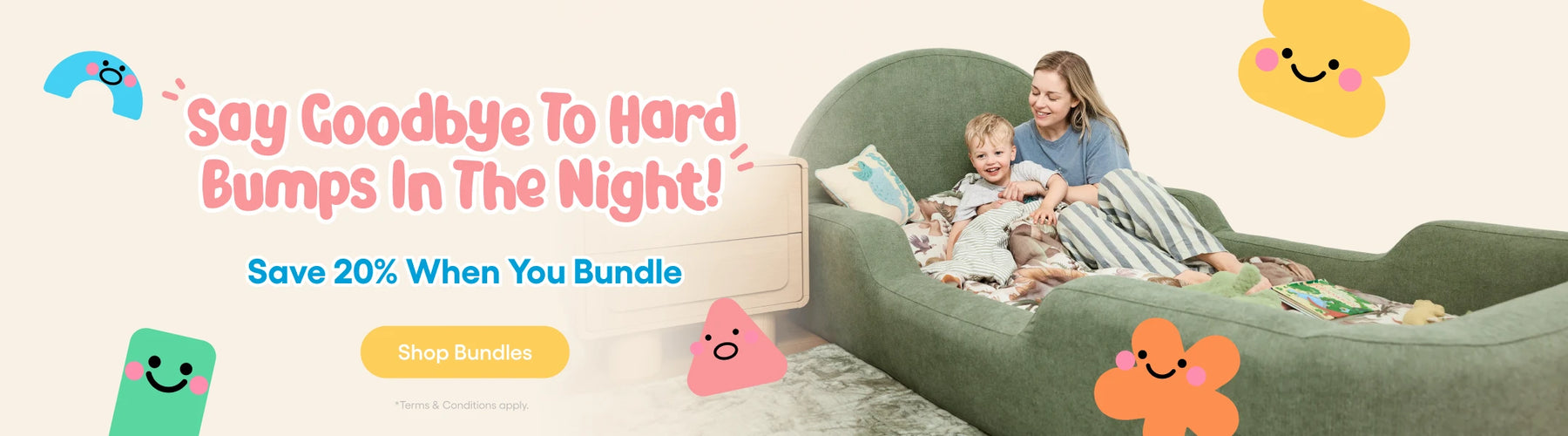 Promotional banner for a green upholstered baby crib with a mother and child lying inside, alongside text reading 'Say Goodbye to Hard Bumps in the Night!' and 'Save 30% When You Bundle!' with a yellow 'Shop Bundles' button.
