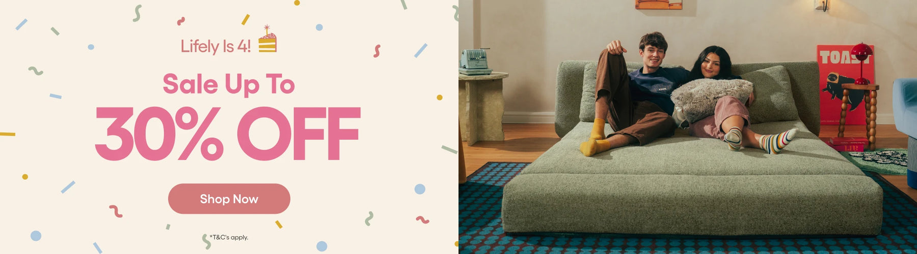 Promotional banner with a large sale message reading 'Lifely is 4! Sale Up To 30% OFF' on the left, and a lifestyle scene on the right showing a couple relaxing on a green sofa in a living room.