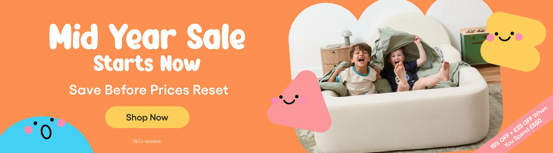 Promotional banner for a mid-year sale with children on a couch and colorful elements.