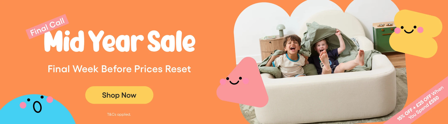 Promotional banner for a mid-year sale with children playing on a couch and colorful text elements.