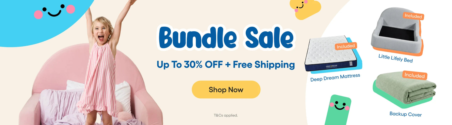 Promotional banner for a bedding bundle sale, featuring a young girl in a pink dress standing on a pink bed, alongside product images of a mattress, a small bed sheet, a folded sheet, and a green pillow cover with text overlays and a yellow 'Shop Now' button.