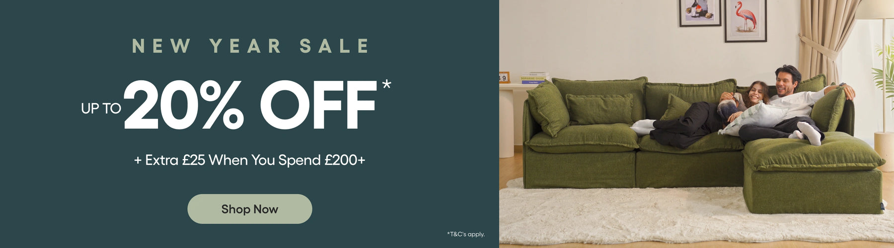 Promotional banner for a new year sale with a green sofa and people on it.