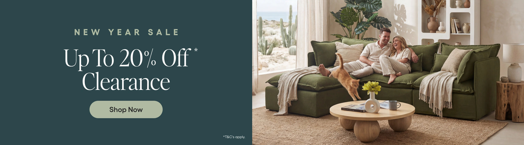 Promotional banner for a new year sale with a family in a living room.