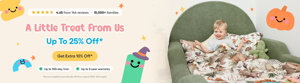 Promotional banner with a baby sitting in a green upholstered chair holding a patterned blanket, next to large text reading 'A Little Treat From Us Up to 25% Off*' and small cartoon illustrations on a light background.