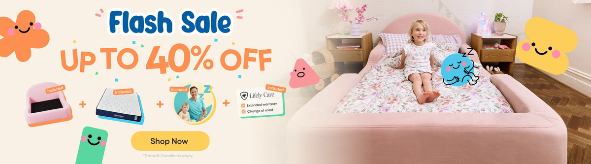 A promotional banner for a kids' mattress featuring a young girl sitting on a pink bed with a floral-patterned sheet. The left side contains text reading 'Flash Sale UP TO 40% OFF' along with cartoon graphics and small product illustrations.