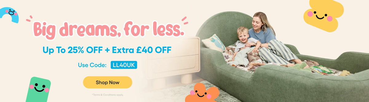 Promotional banner for a sofa bed featuring a woman and child sitting on a green upholstered sofa bed with pillows, alongside large sale text, a 'Shop Now' button, and cartoon cloud graphics on a light beige background.