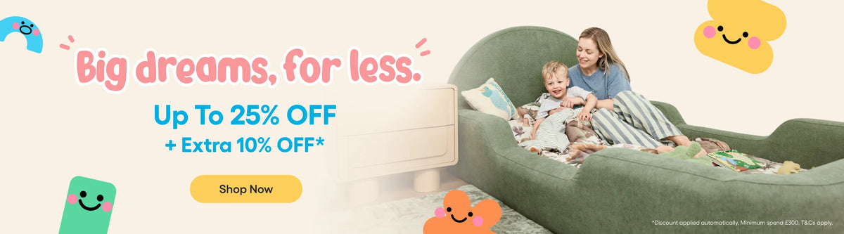 Promotional banner for a large green outdoor daybed with a woman and child sitting on it, alongside text offering up to 25% off and extra 10% off, with cartoon-style floating icons on a light beige background.