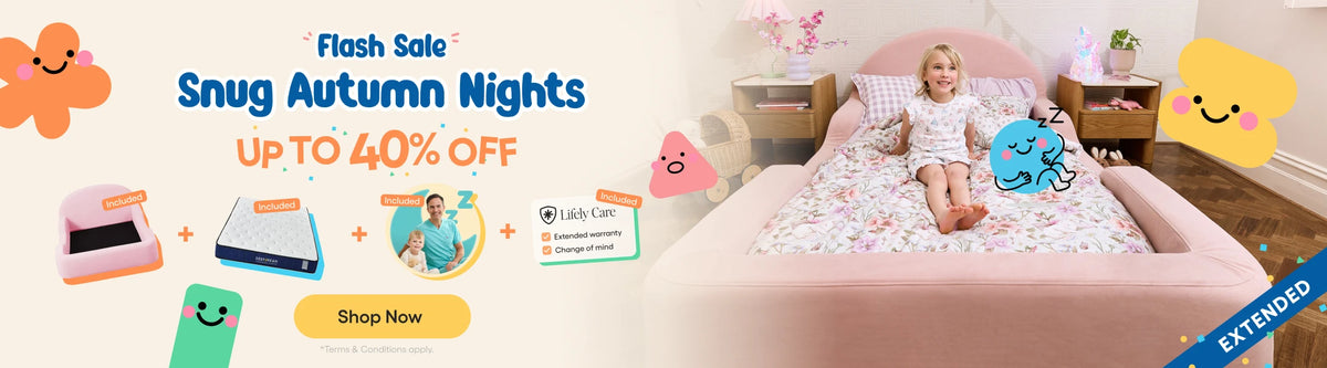 A promotional banner for a children's bedding set, featuring a young girl sitting on a pink bed with a floral-patterned duvet cover and matching pillowcase. The left side contains marketing text ('Flash Sale Snug Autumn Nights', 'UP TO 40% OFF') alongside cartoon illustrations of the bedding components and a small inset photo of the child.