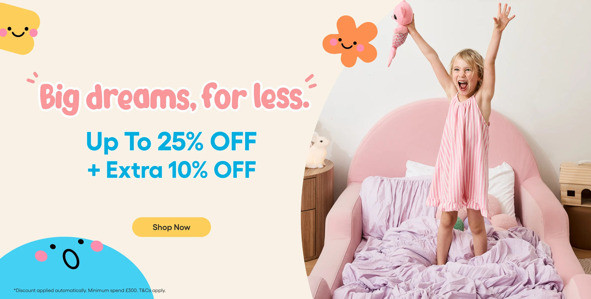 A promotional banner with text reading 'Big dreams, for less. Up To 25% OFF + Extra 10% OFF' and a 'Shop Now' button, alongside a young girl jumping excitedly on a pink bed in a bedroom setting.