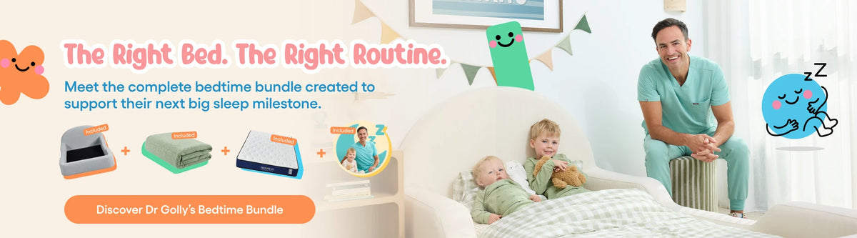 A promotional banner for a bedtime bundle, featuring a man sitting beside a bed with two children in a bright bedroom. The text reads 'The Right Bed.