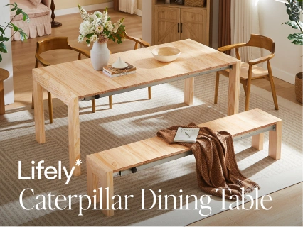 A light natural wood dining table with a matching bench and chairs in a warm, styled dining room. White text overlay at the bottom reads 'Lifely Caterpillar Dining Table'.