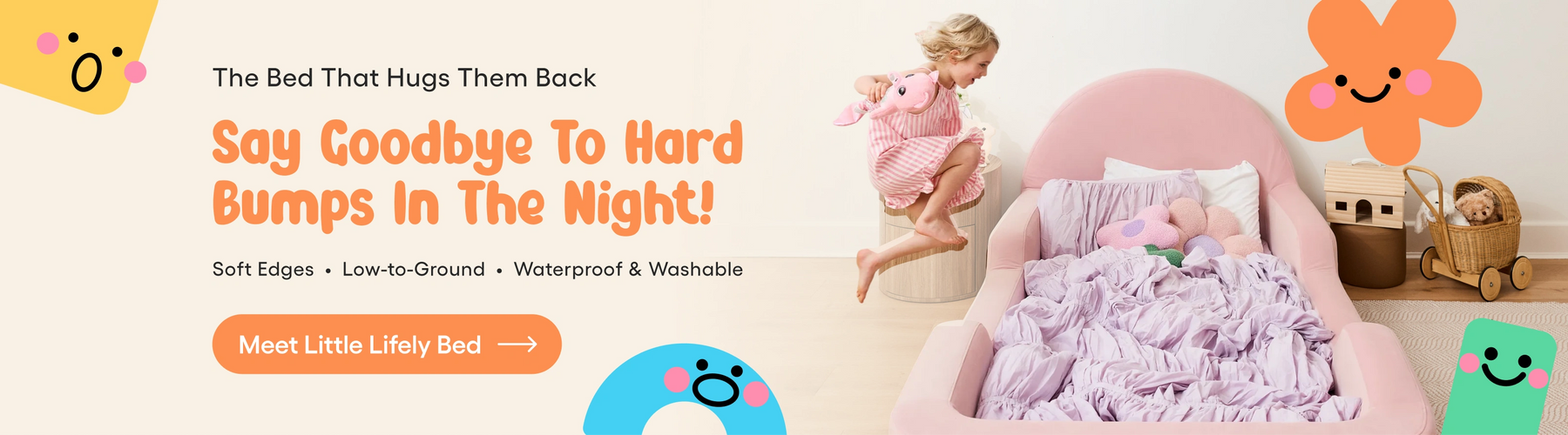 Children's bed with soft bedding, toys, and a cartoon character on a beige background.