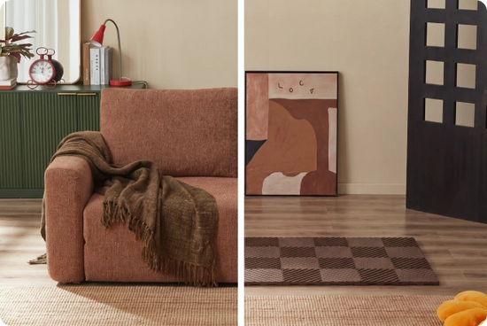 A split interior scene showing a brown upholstered armchair with a draped throw blanket on the left, and a matching brown checkered rug on a wood floor in a styled room on the right.