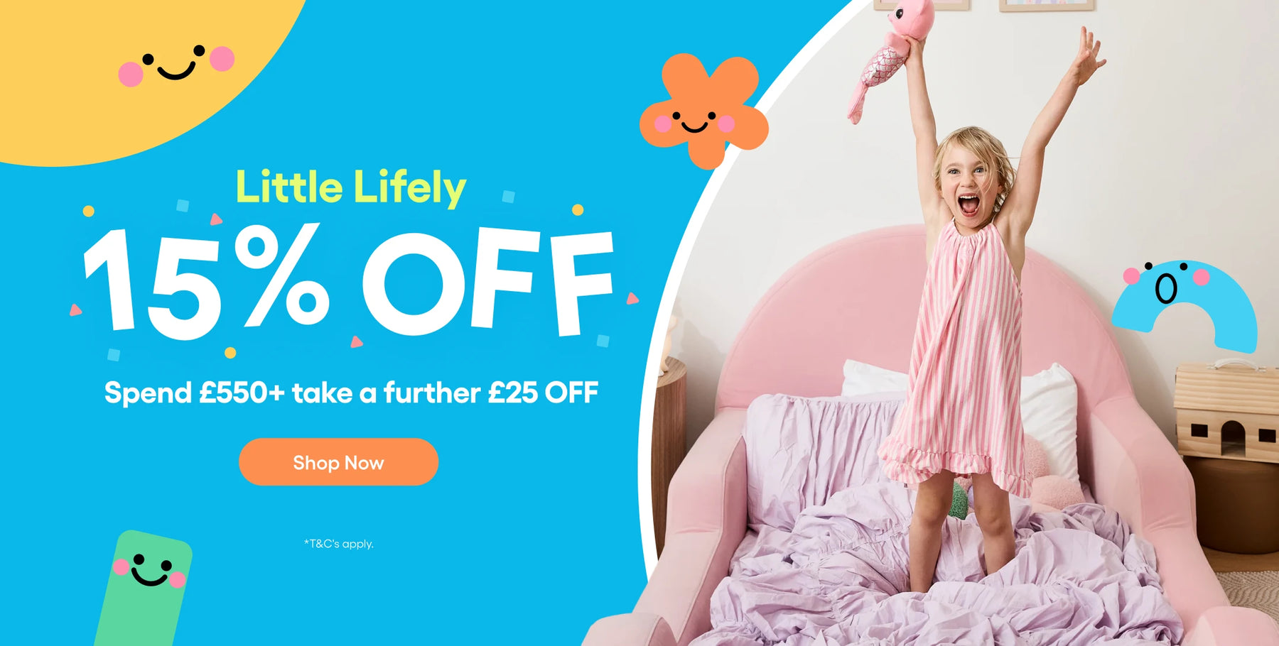 Promotional banner for 'Little Lively' with a child in a pink dress on a bed, featuring a 15% off discount offer.