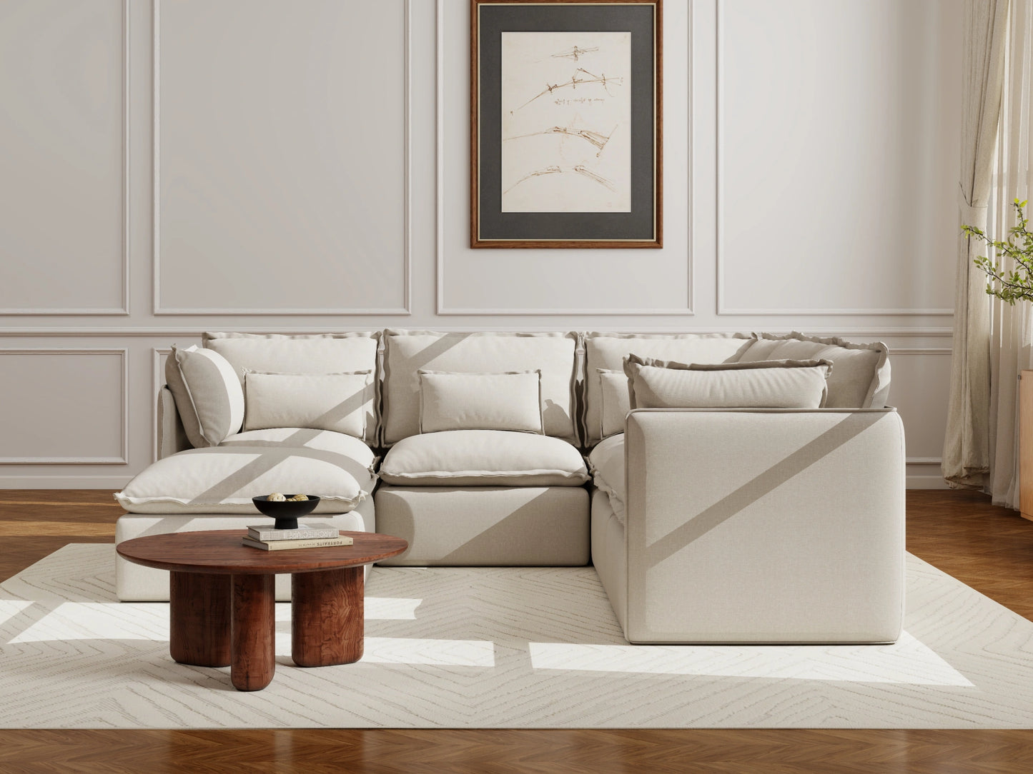 Lifely Modular 5 Seater Corner Ottoman - Linen Beige
