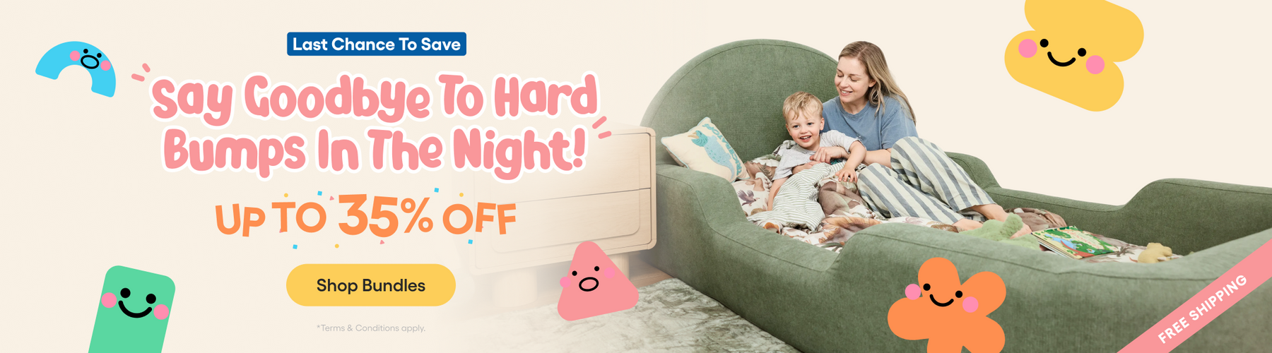 Promotional banner for a green upholstered sleeper sofa bed with a mother and child relaxing inside, alongside large sale text, discount details, and playful cartoon graphics on a white background.