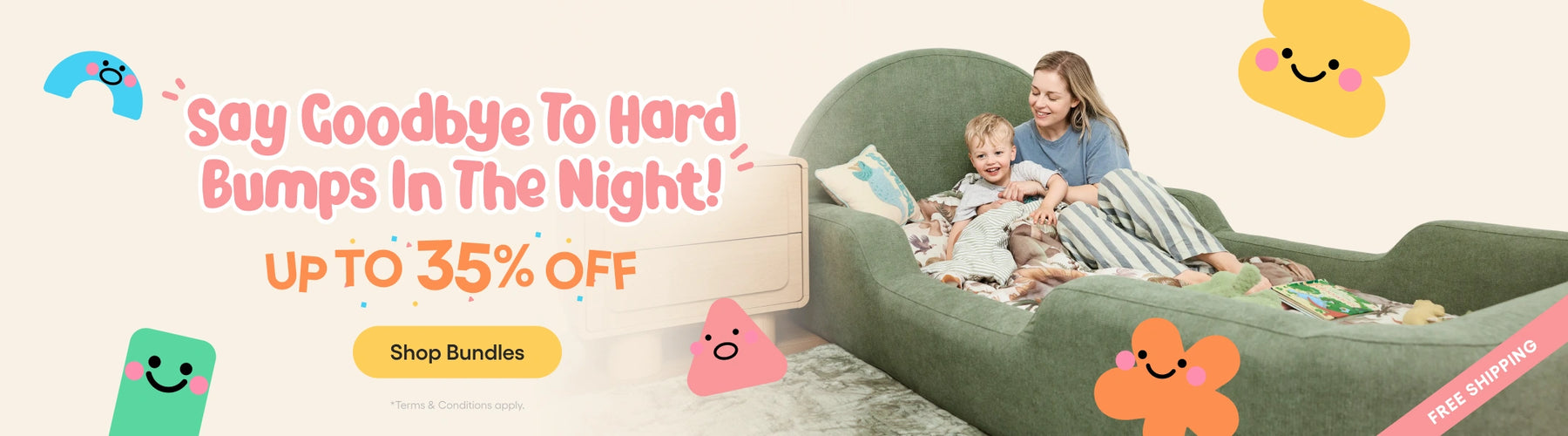 Promotional banner for a green bean bag sofa bed with a woman and child sitting inside, alongside text reading 'Say Goodbye To Hard Bumps In The Night! UP TO 35% OFF' and 'Shop Bundles'.
