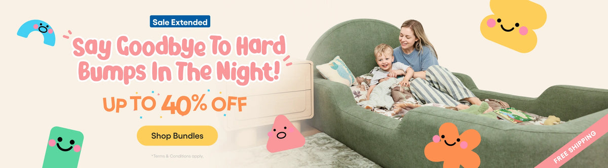 Promotional banner for a green convertible sofa bed with a child sitting inside, alongside text offering a sale extension and up to 40% off, decorated with cartoon smiley-face graphics.