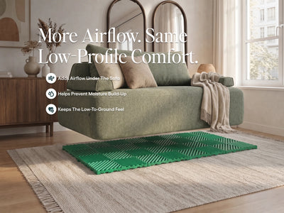 Green Cushie sofa bed over a matching green Airflow Pad. Adds airflow, helps prevent moisture build-up and keeps a low profile.