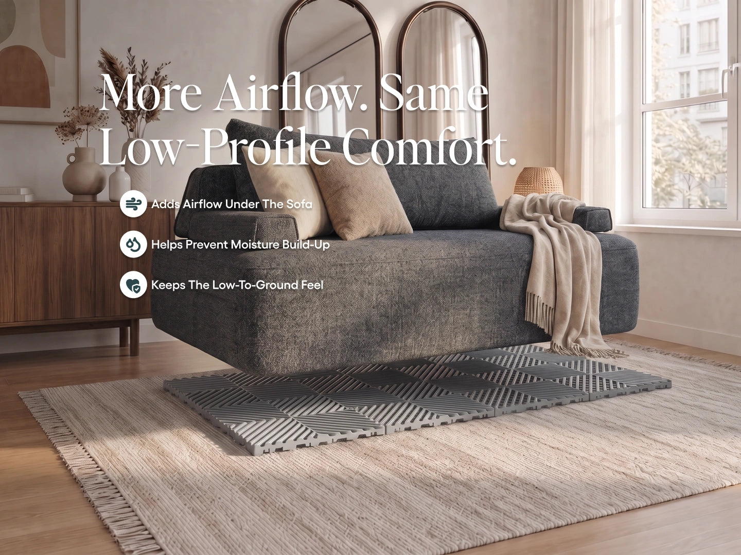 Grey Cushie sofa bed over a matching grey Airflow Pad. Adds airflow, helps prevent moisture build-up and keeps a low profile.