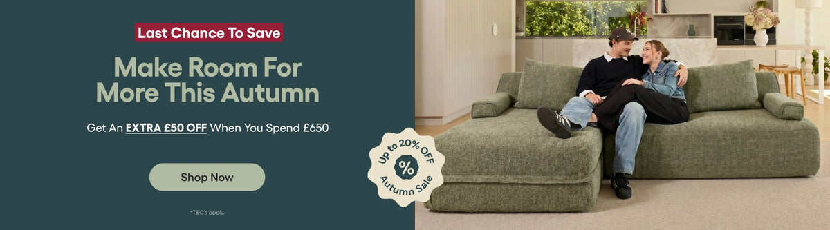 A promotional banner for a sofa. On the left is a dark teal text panel with the headline 'Make Room For More This Autumn' and a 'Shop Now' button.
